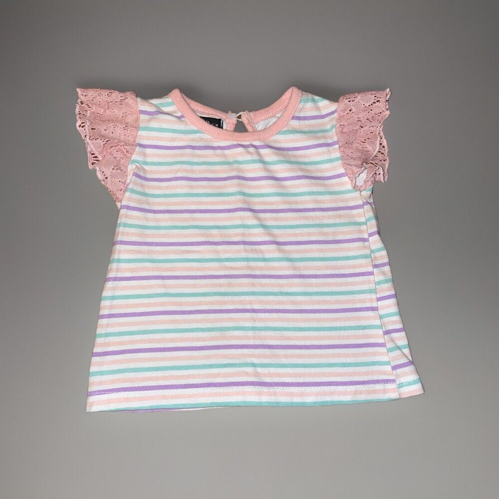 My Destiny Baby Girl’s Pastel Striped Top Ruffled Flutter Sleeves Size 18M